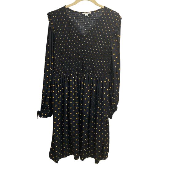 Beach Lunch Lounge Womens Black Gold Polka Dot Smocked Bust Flare Dress M Boho - Picture 1 of 7